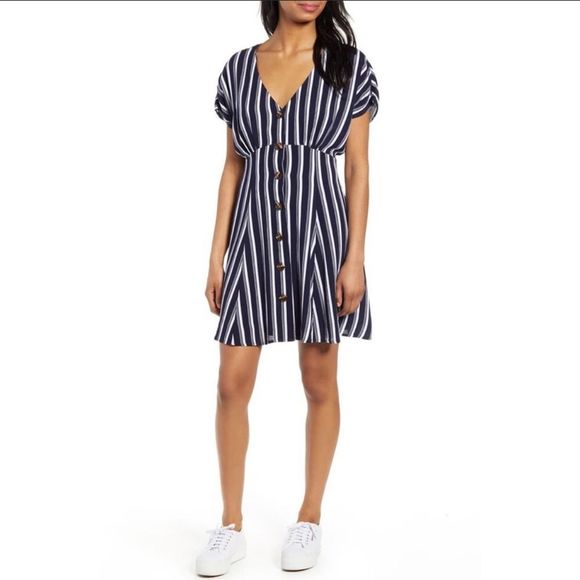 BP Navy White Striped Button Front Gathered Sleeve Mini Dress size Small - Picture 1 of 11